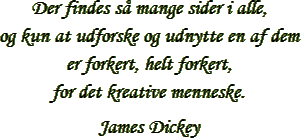 “Der findes så mange sider i alle, og kun at udforske og udnytte en af dem
 er forkert, helt forkert, for det kreative menneske.” – James Dickey